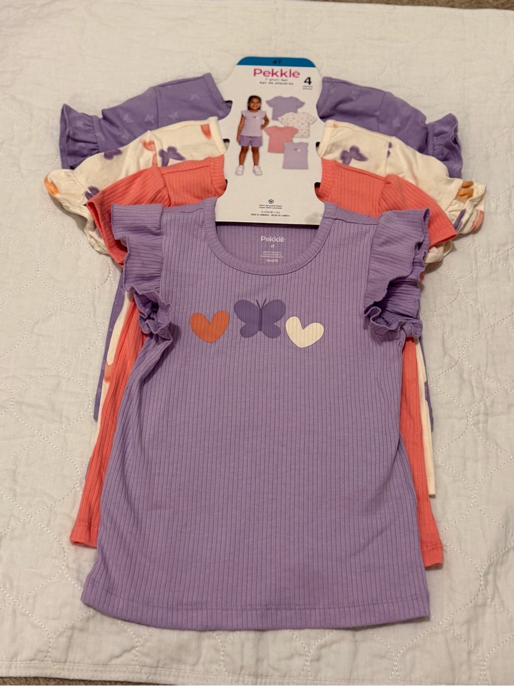 Pekkle Girls' Lavender Ruffle Sleeve Heart & Butterfly Tee - 4 Pack
